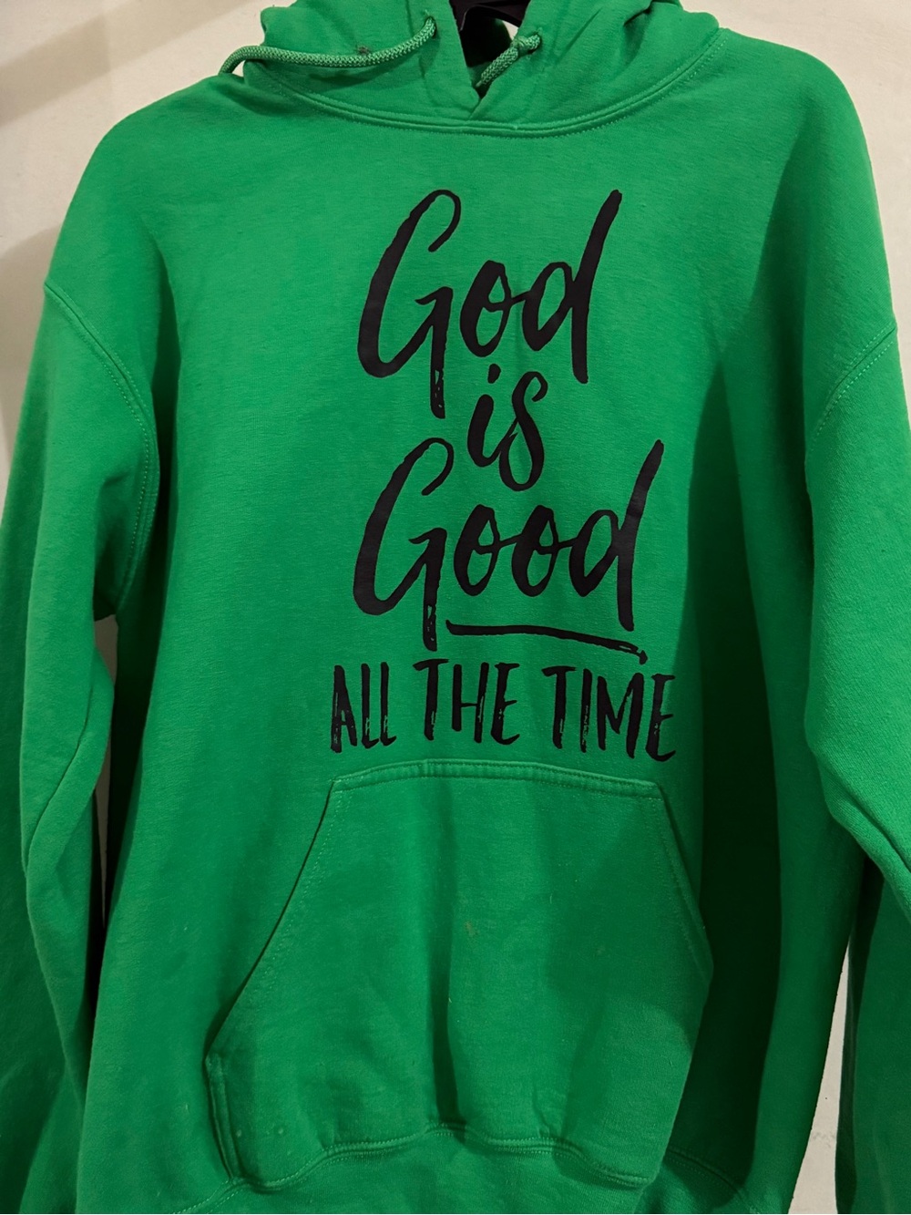 Gildan Green Hoodie Sweatshirt with Black Script "God is Good"